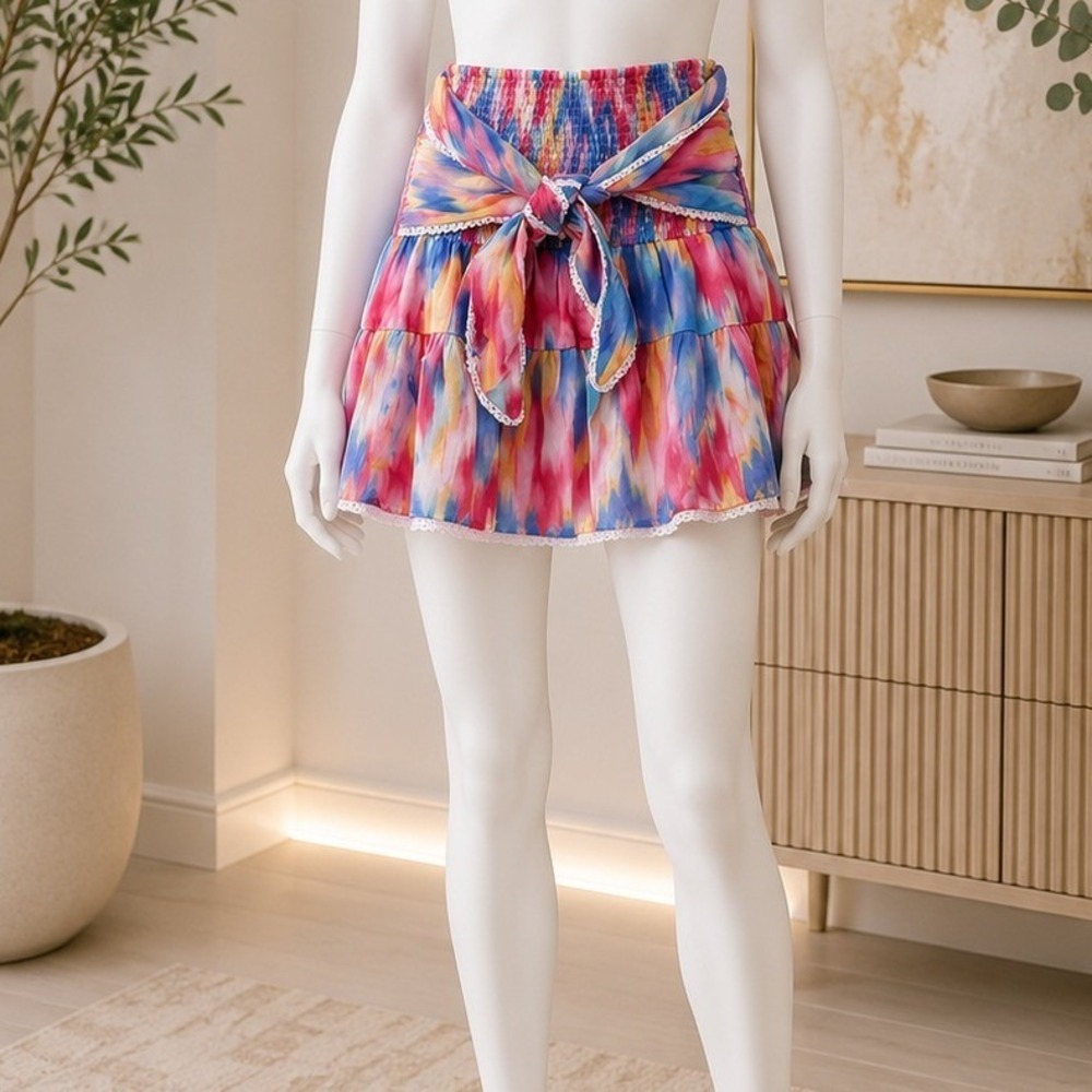 Allison New York Women Chase Mini Skirt Rainbow Haze Tie Dye Smocked Small